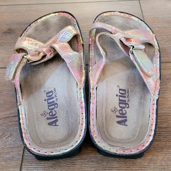 Alegria Slide Sandals with Tropical Gold Print Size 37 - Picture 2 of 7